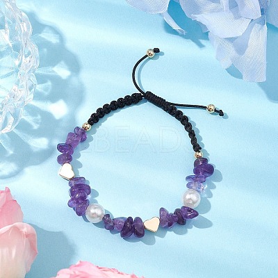 Natural Amethyst Chip & Acrylic Imitation Pearl Braided Bead Bracelets BJEW-JB10462-1