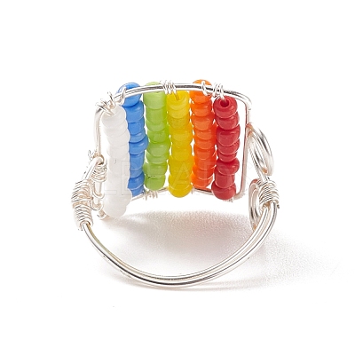 Glass Bead Braided Rectangle Open Cuff Ring RJEW-JR00489-1