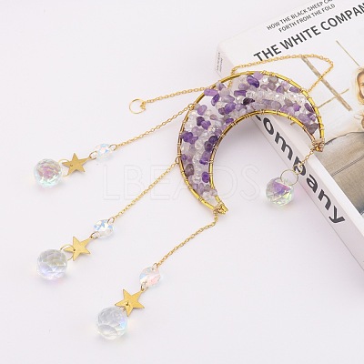 Copper Wire Wrapped Natural Amethyst Chips Moon Suncatcher HJEW-H065-02G-02-1