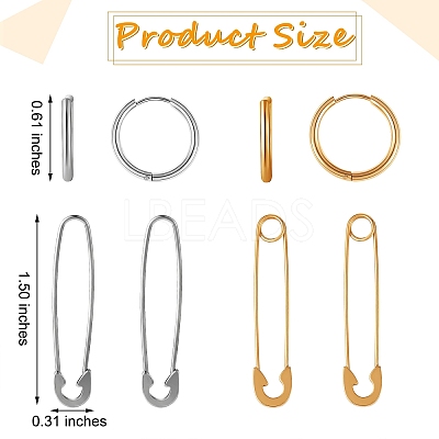 4Pair 4 Style Safety Pin & Ring 304 Stainless Steel Hoop Earrings for Women EJEW-SZ0001-84-1