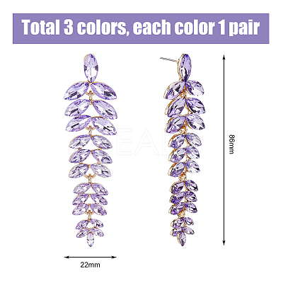 3 Pairs 3 Colors Rhinestone Leaf Cluster Earrings EJEW-FI0002-70-1