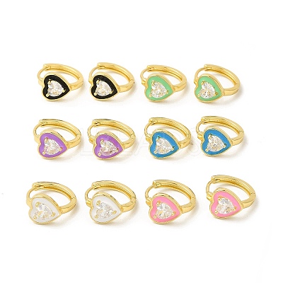 Enamel Heart Hoop Earrings with Clear Cubic Zirconia EJEW-E270-03G-1