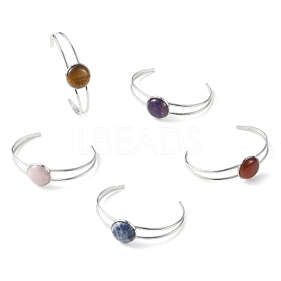 Natural Mixed Stone Flat Round 304 Stainless Steel Cuff Bangles for Women BJEW-JB14352-02-1
