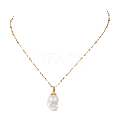 Nuggets Natural Baroque Keshi Pearl Pendant 304 Stainless Steel Satellite Chain Necklaces for Women NJEW-JN06030-1