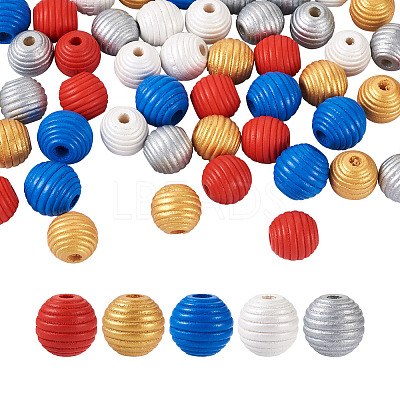 50Pcs 5 Styles Painted Natural Wood Beehive European Beads WOOD-FW0001-01-1