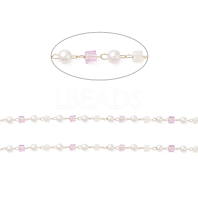 Faceted Cube Glass & ABS Plastic Imitation Pearl Beaded Chains CHS-G026-02KCG-02-1-1