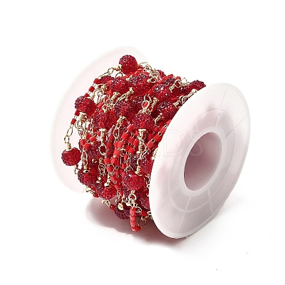Brass Hexagonal Column Glass Seaded Beaded & Resin Round Beaded Link Chains CHC-G026-01D-1