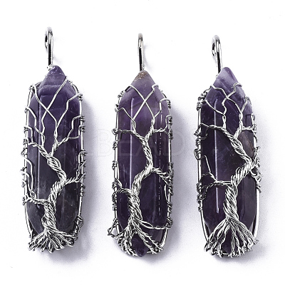 Natural Amethyst Big Wire Wrapped Pointed Pendants G-T133-P02C-1