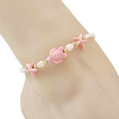 Summer Dyed Synthetic Turquoise & Natural Pearl & Seed Bead Beaded Anklets AJEW-AN00870-1