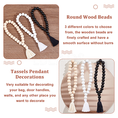 6Pcs 3 Colors Wood Tassels Pendant Decorations HJEW-OC00016-1