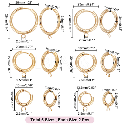 12Pcs 6 Size 201 Stainless Steel Huggie Hoop Earring Findings STAS-UN0045-55-1