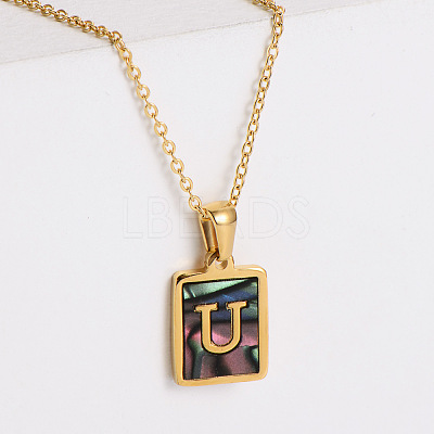 304 Stainless Steel Pave Natural Paua Shell Rectangle Initial Pendant Necklaces for Women FS-WG38E89-21-1