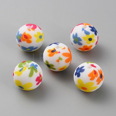 Round with Flower Food Grade Eco-Friendly Silicone Beads SIL-WH0006-21F-1