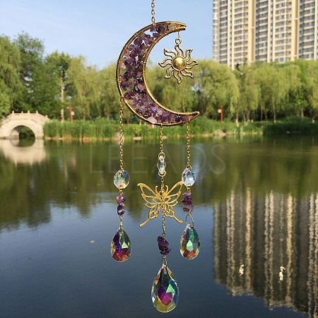 Natural Amethyst Chip & Metal Moon Hanging Suncatchers PW-WG15083-04-1