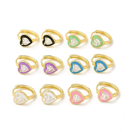 Enamel Heart Hoop Earrings with Clear Cubic Zirconia EJEW-E270-03G-1