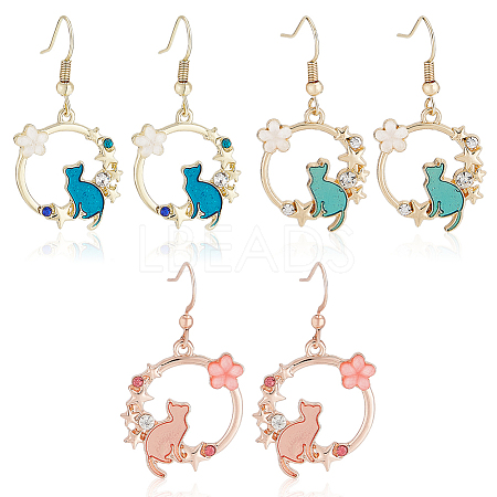 ANATTASOUL 3 Pairs 3 Colors Resin Flower & Enamel Cat & Rhinestone Star Dangle Earrings EJEW-AN0001-88-1