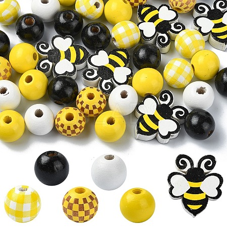 Bees Themed Printed Wood Beads Sets WOOD-YW0001-21-1