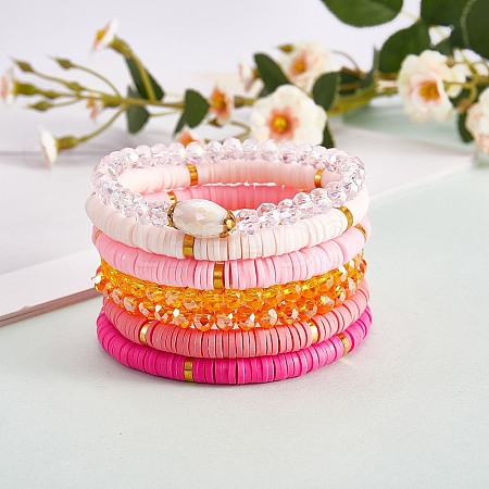 7Pcs 7 Style Handmade Polymer Clay Heishi Surfer Stretch Bracelets Set BJEW-SW00073-01-1