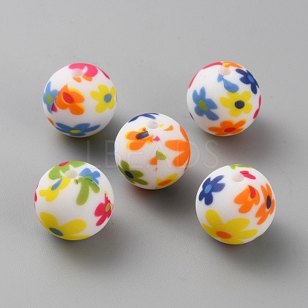 Round with Flower Food Grade Eco-Friendly Silicone Beads SIL-WH0006-21F-1