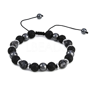 Non-Magnetic Synthetic Hematite & Natural Larvikite & Natural Lava Rock Round Beaded Braided Bracelets for Men Women BJEW-JB11185-02-1