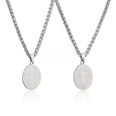 2Pcs Stainless Steel Saint Benedict Oval Medal Pendant Wheat Chain Necklaces NJEW-DC0001-20P-1