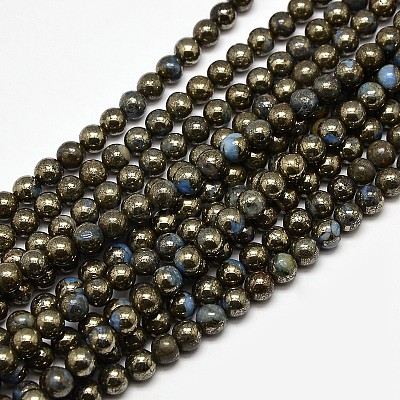 Electroplate Gemstone Natural Pyrite Round Beads Strands G-L129-6mm-01-1