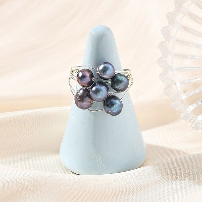 Round Copper Wire with Natural Cultured Freshwater Pearl Finger Rings RJEW-JR01097-1