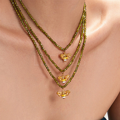 316L Surgical Stainless Steel Enamel Bee Pendant Green Cubic Zirconia Faceted Beaded Necklaces for Women WG7DD53-01-1