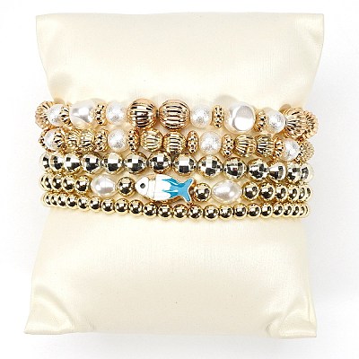 Glass & CCB Plastic Beaded Stretch Bracelets Set FS-WG21267-04-1