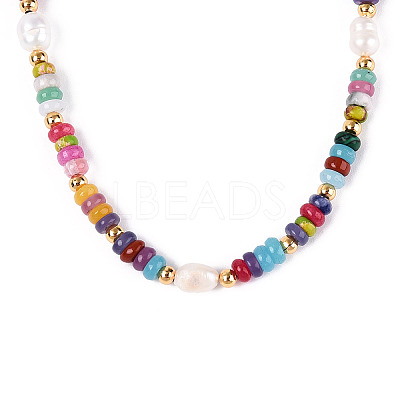 Rondelle Natural Agate & Pearl & Brass Beaded Necklaces for Women NJEW-T017-02G-1