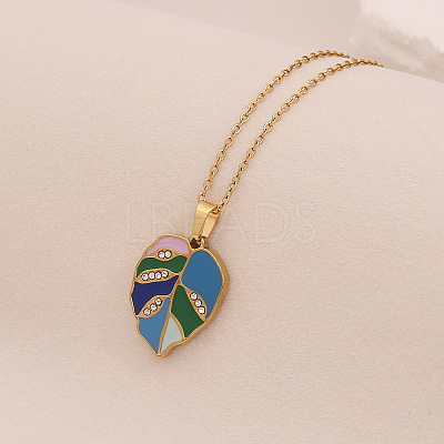 304 Stainless Steel Pave Cubic Zirconia with Enamel Leaf Pendant Necklaces FS-WGB4824-01-1