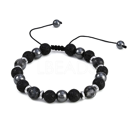 Non-Magnetic Synthetic Hematite & Natural Larvikite & Natural Lava Rock Round Beaded Braided Bracelets for Men Women BJEW-JB11185-02-1