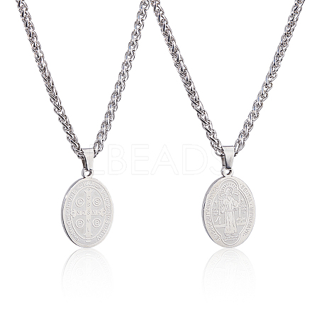 2Pcs Stainless Steel Saint Benedict Oval Medal Pendant Wheat Chain Necklaces NJEW-DC0001-20P-1