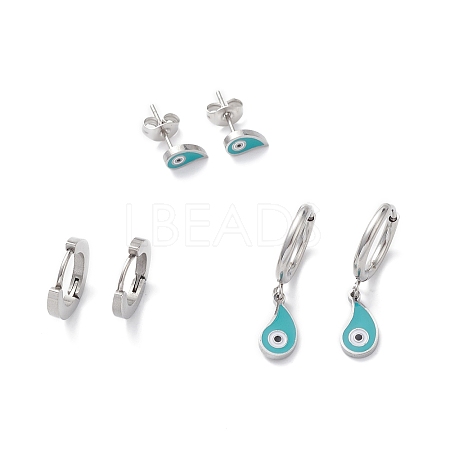 3 Pairs 3 Style Enamel Teardrop with Evil Eye Dangle Hoop Earrings EJEW-B020-18P-1