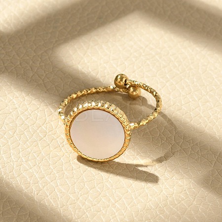 Flat Round 304 Stainless Steel White Shell Cuff Rings for Women RJEW-G346-10G-02-1