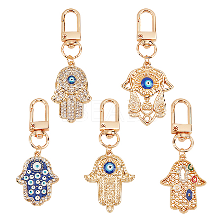  5Pcs 5 Colors Hamsa Hand/Hand of Miriam with Evil Eye Alloy Enamel Pendant Decoration HJEW-NB0001-75-1