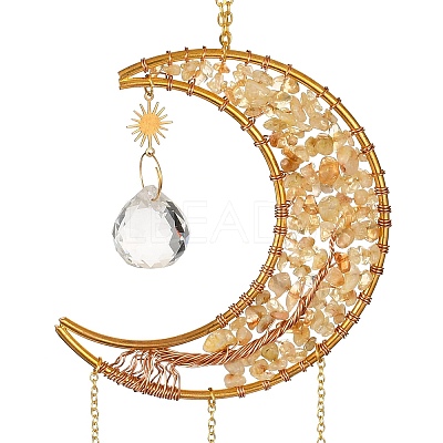 Natural Citrine Chip & Brass Moon Hanging Suncatcher Pendant Decoration PW23041119866-1