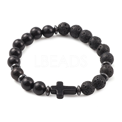 Natural & Synthetic Mixed Gemstone & Wood Cross Beaded Stretch Bracelet BJEW-JB09623-1