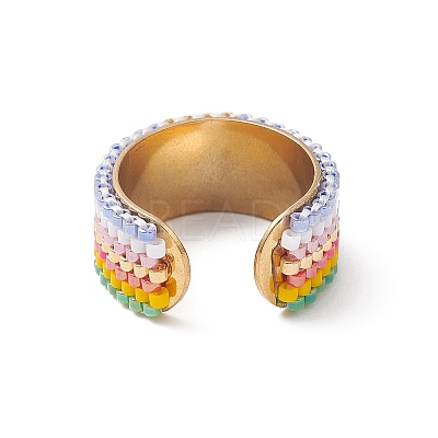 Glass Seed Beaded Evil Eye Open Cuff Rings RJEW-MZ00007-1