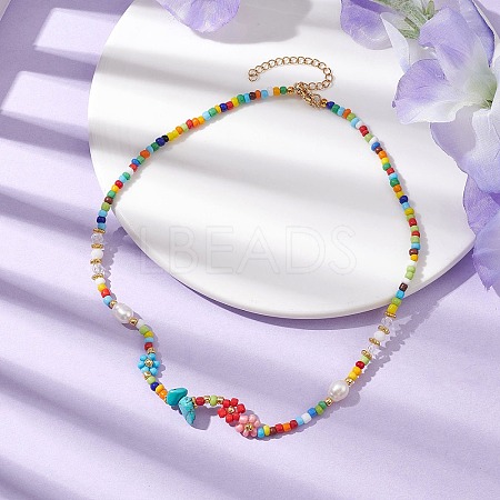 Flower Glass Seed & Pearl Beaded Necklaces NJEW-JN04677-01-1