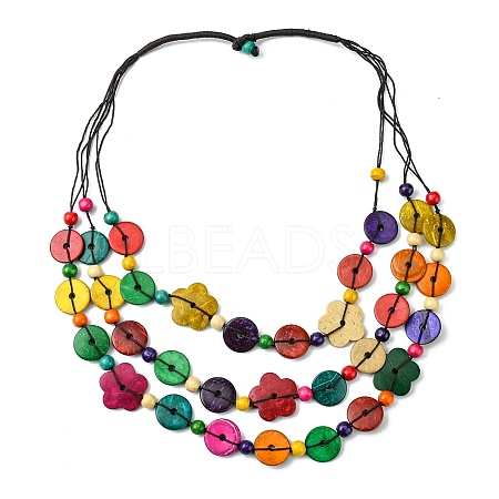 Dyed Natural Coconut Flower Beaded 3 Layer Necklaces NJEW-A007-02D-1