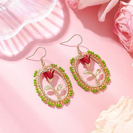 Valentine's Day Alloy Enamel Seed Glass Dangle Earrings EJEW-MZ00391-03-1