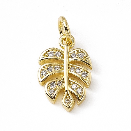 Brass Micro Pave Clear Cubic Zirconia Leaf Charms ZIRC-F132-62G-1