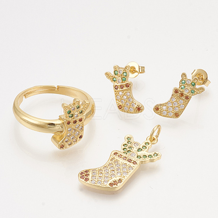 Brass Cubic Zirconia Pendants & Stud Earrings & Adjustable Rings Jewelry Sets SJEW-S043-12-1