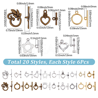 120 Sets 20 Styles Tibetan Style Alloy Toggle Clasps FIND-SP0004-65-1