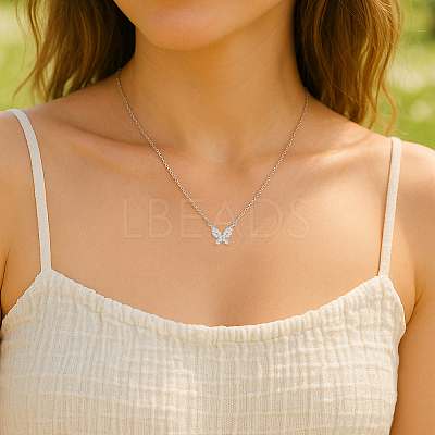 2Pcs 2 Colors Brass Micro Pave Clear Cubic Zirconia Butterfly Pendant Iron Chain Necklaces for Women NJEW-HY0001-20-1
