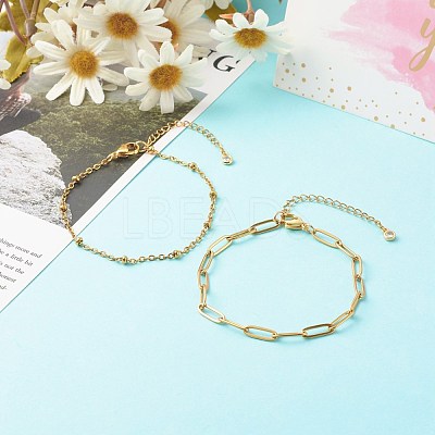 304 Stainless Steel Paperclip & Satellite Chains Bracelet Set BJEW-JB06523-1