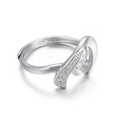 Anti-Tarnish Adjustable Rhodium Plated 925 Sterling Silver Finger Design Ring Mounts Fittings with Pearl Seat STER-F048-23P-1