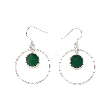 Natural Dyed & Heated Green Onyx Agate Flat Round Dangle Earrings EJEW-Z024-11A-P-1