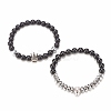 2Pcs 2 Style Synthetic Hematite & Black Stone & Natural Obsidian Stretch Bracelets Set with Cubic Zirconia Skull BJEW-JB08120-02-4